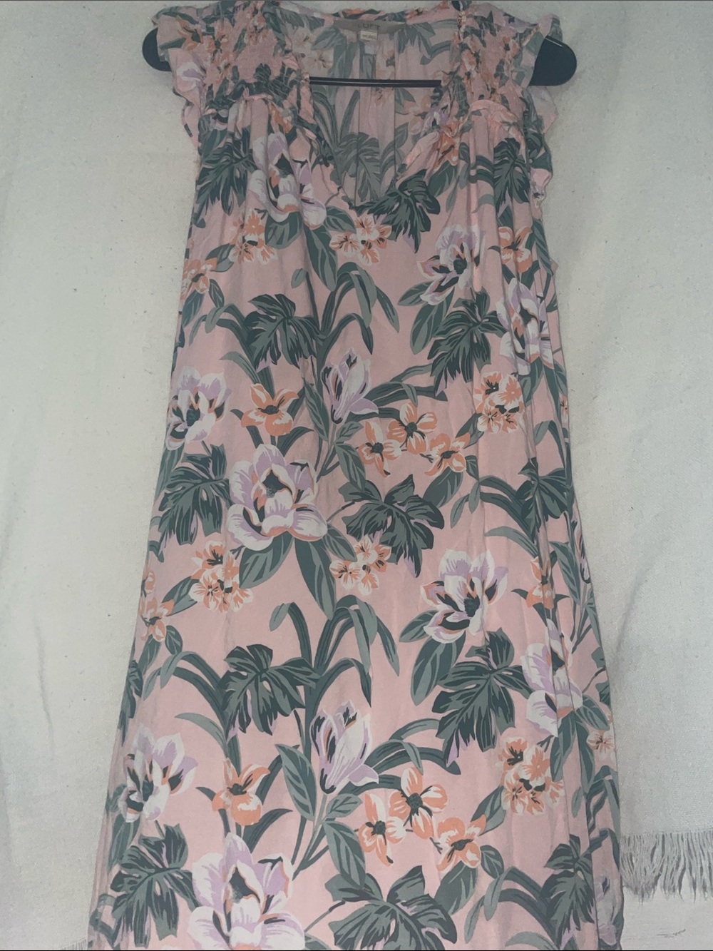 LOFT Pink Floral Maxi Dress with Green Leaf Print